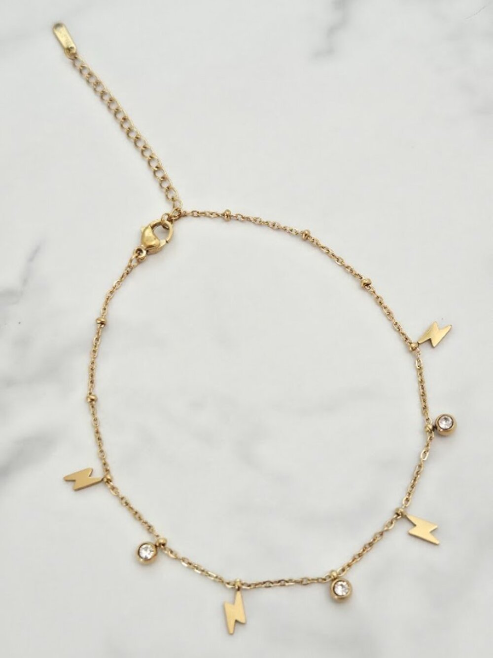 Gold Lightning Bolt & Crystal Charm Anklet Dainty Stainless Steel Jewelry - Picture 11 of 15